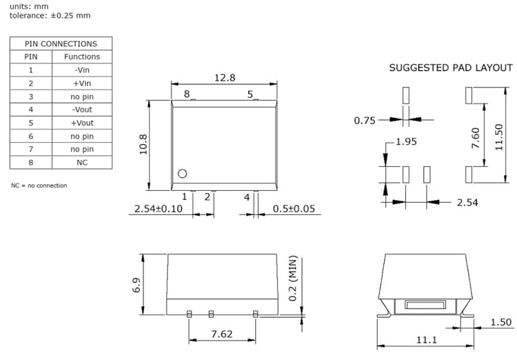 Plan mécanique - CUI Inc Convertisseurs CC/CC DDP2-M